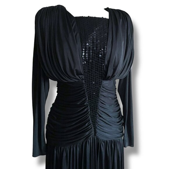Vintage 1980s Claraluna Originals Dress Sz Small Black Coffin Pleat Vamp Disco - Picture 7 of 13